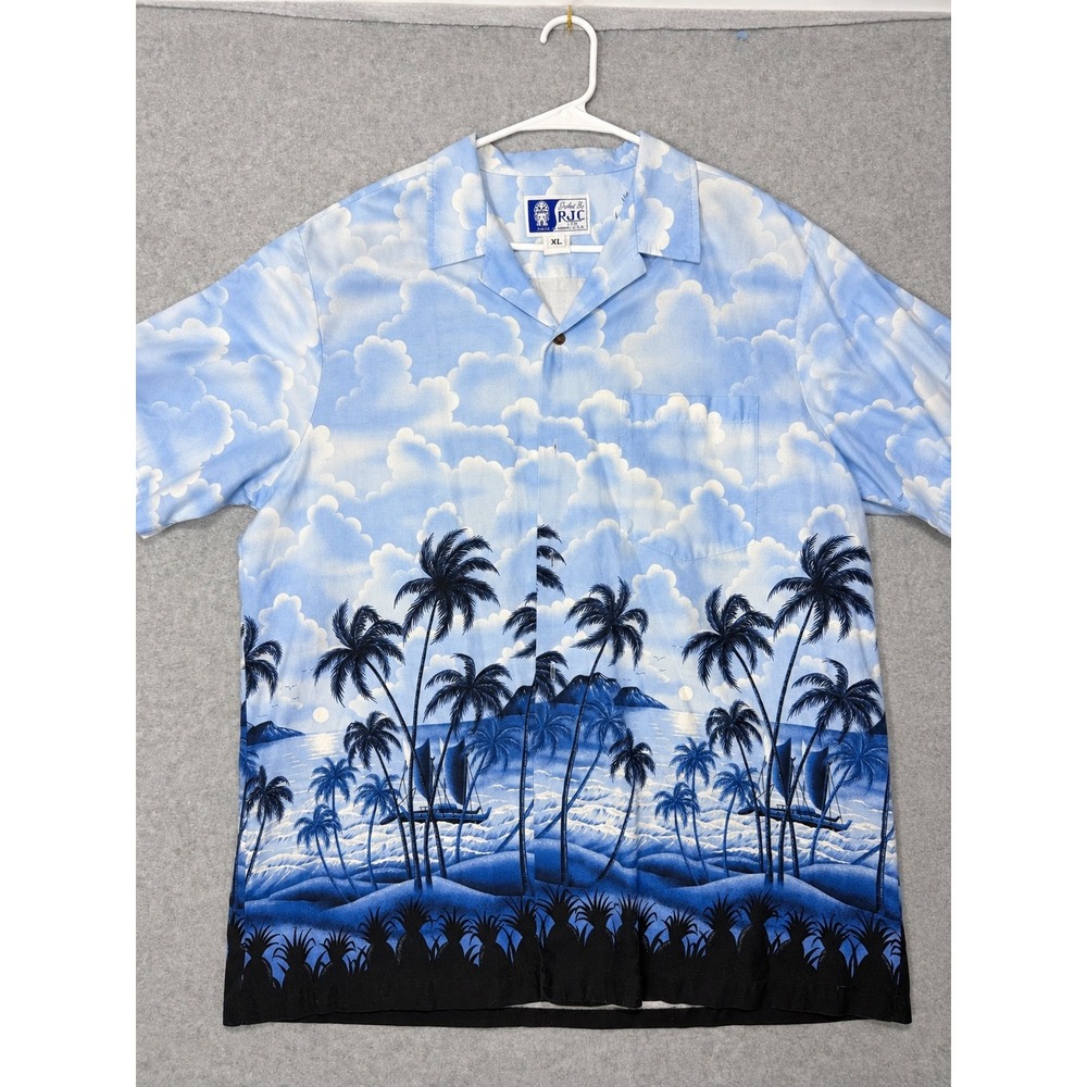 RJC Hawaiian Shirt Mens XL Tropical Palm Tree Cloud Print Made in Hawaii Blue